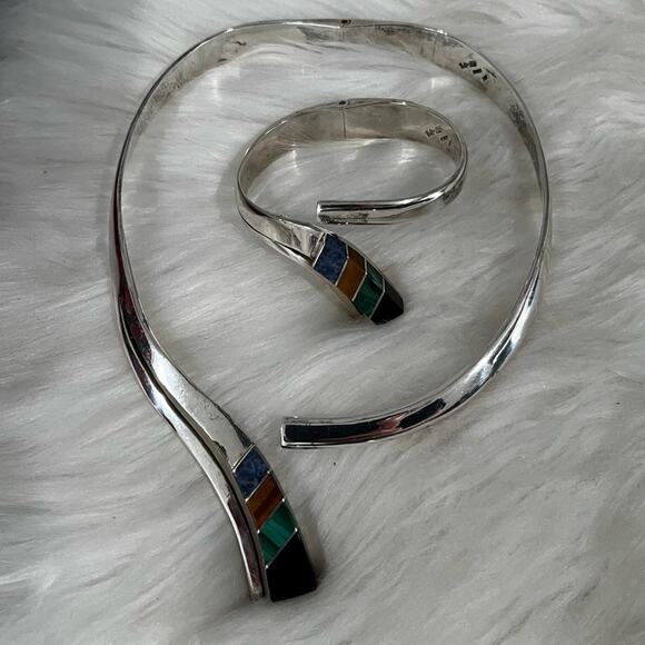 NEW TAXCO Mexico Vintage 925 Sterling Multi Stone Inlay Collar Necklace Bracelet - Picture 1 of 14